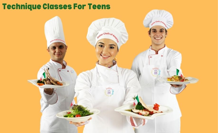 Teens cooking together in a Junior Chefs of America class
